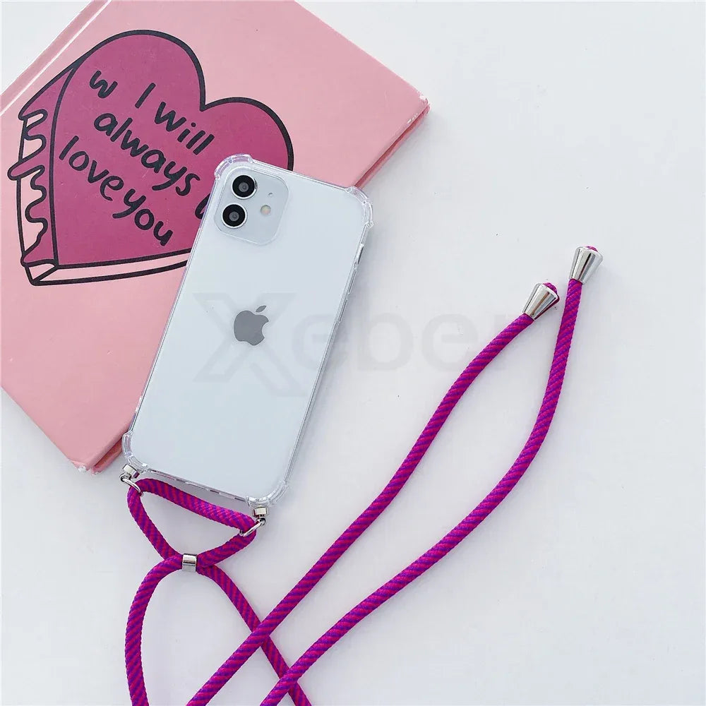 Necklace Lanyard Strap Chain Phone Case For iPhone 16 15 14 13 Pro Max 12 11 XS X XR Mini 7 8 Plus Transparent Soft Rope Cover