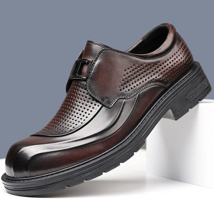 Leather Slip-On Men's Summer Shoes Round Toe Breathable Perforated Thick Sole Business Casual Boat Shoes