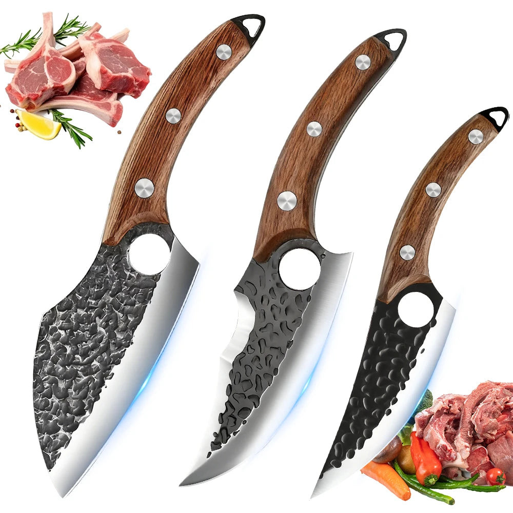 3 PCS Kitchen Knives Set Meat Cleaver Chef Knife Set Chopping & Slicing & Boning Japanese Knife Heavy-Duty  Butcher Knife