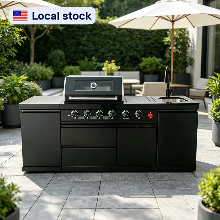 US in Stock Outdoor Kitchen Barbecue Island Black Stainless Steel Barbecue Island 4 Burner BBQ Grill with Sink