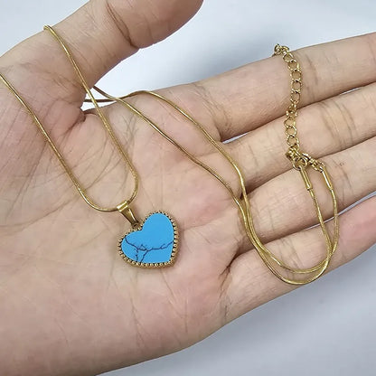Heart Necklace for Women Synthetic Blue Turquoise Inlay Gold Color Stainless Steel Heart Pendant Necklace Gift