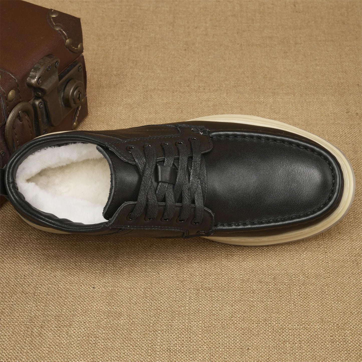 Men Genuine Leather Snow Boots Round Toe Fur Lining Rubber Outsole Winter Warm Lightweight EVA Midsole Ankle Bootie