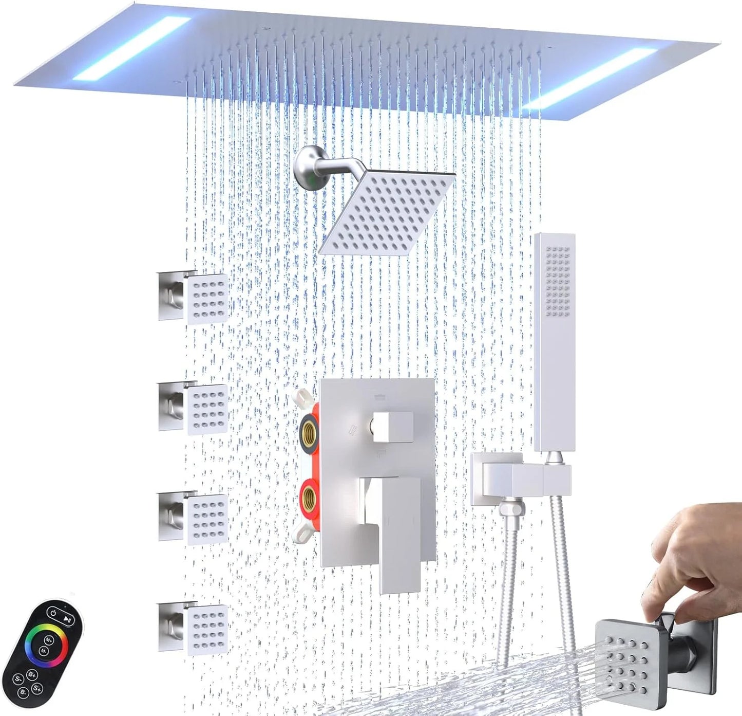 Luxury 14x20 Inch LED Spa Shower Jets System 6 Inch Shower Head On-Off Switch 4PCS Body Jets Brushed Nickel Shower Faucet