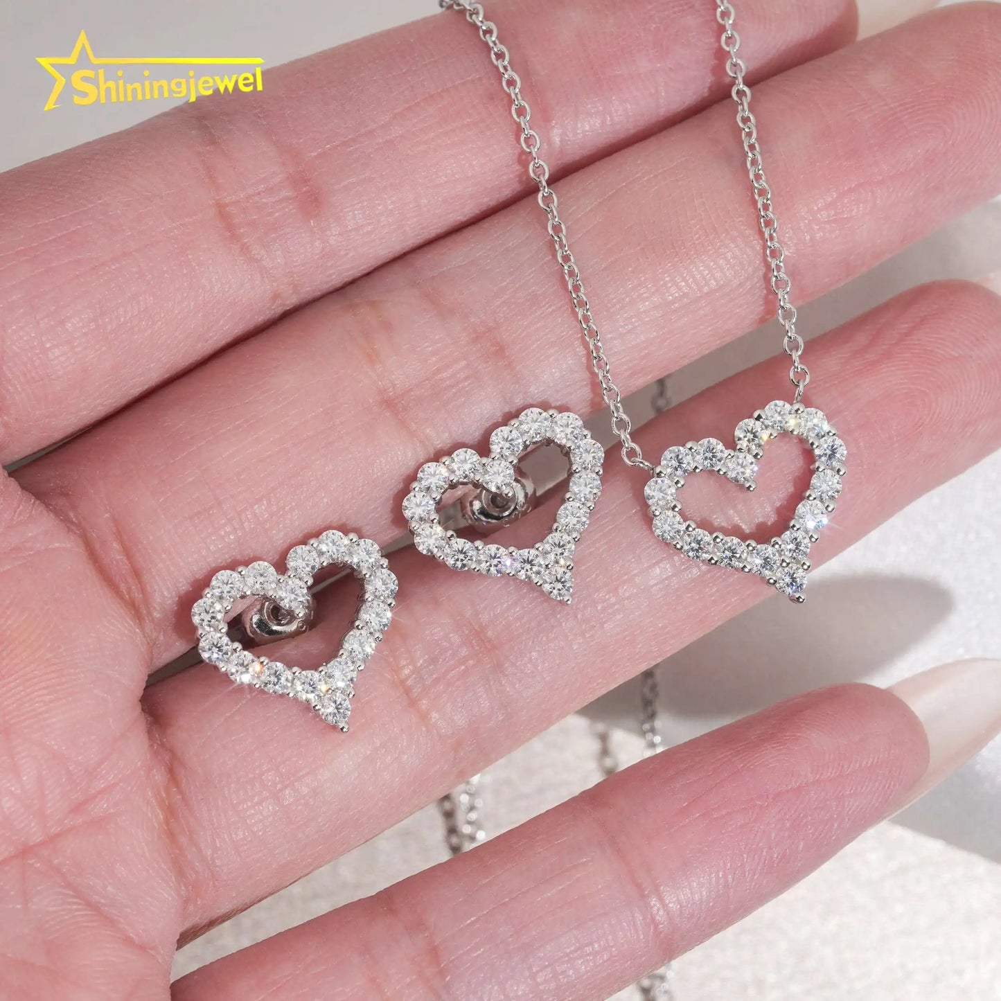 USA Warehouse Best Gift Set Iced Out Heart Earrings & Necklace Set 925 Silver VVS Moissanite Jewelry Hip Hop Stud Earrings