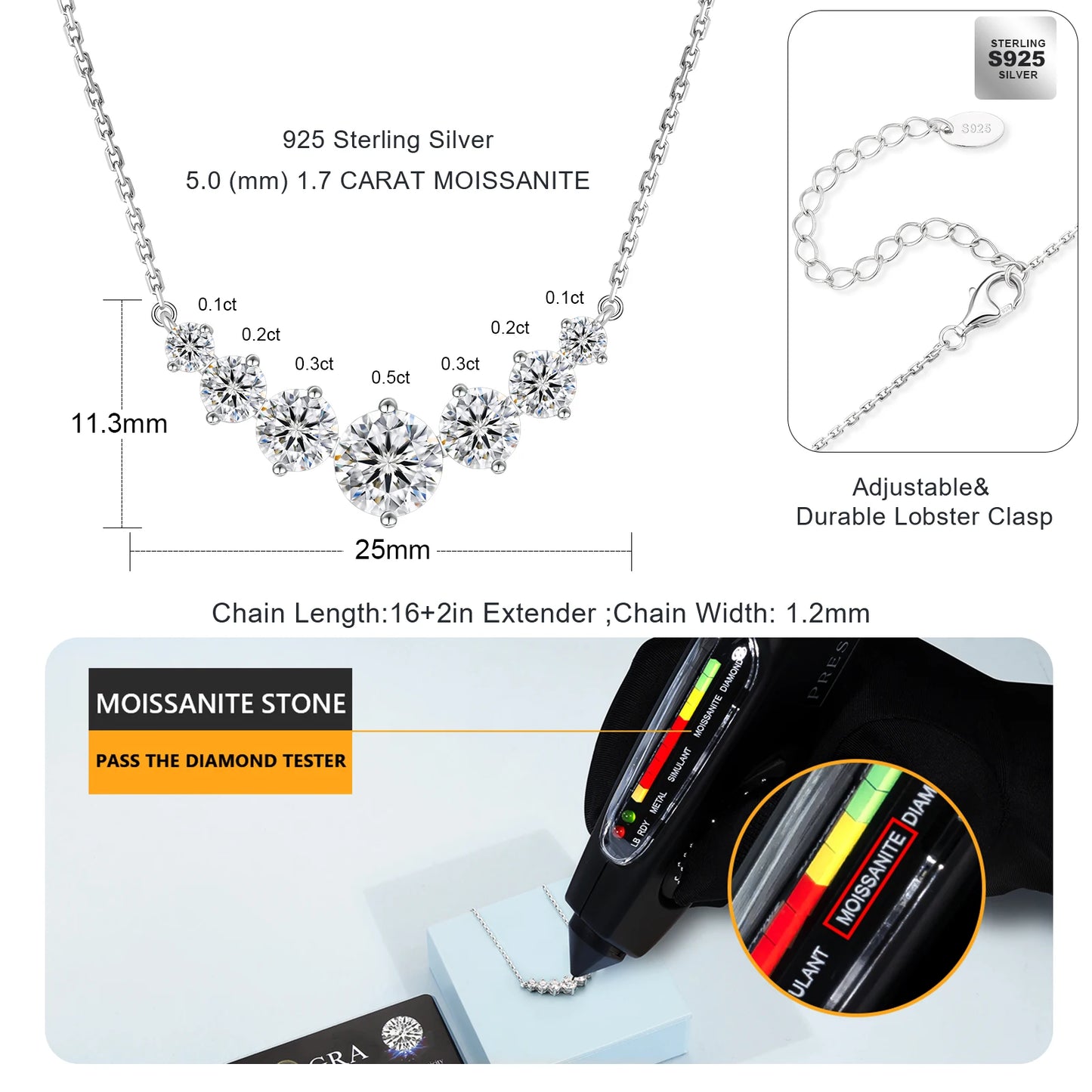USA 5CT/1.7CT Moissanite Pendant S925 Sterling Silver Chain Women Gifts Smile GRA VVS Lab Created Diamond Heart Charm Necklace