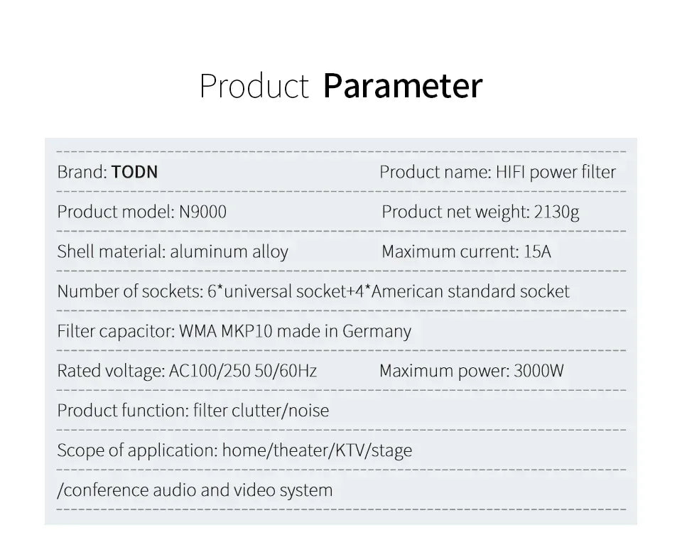 TODN Audio Noise AC Power Filter Power Conditioner Power Purifier Surge Protection with EU Outlets Power Strip