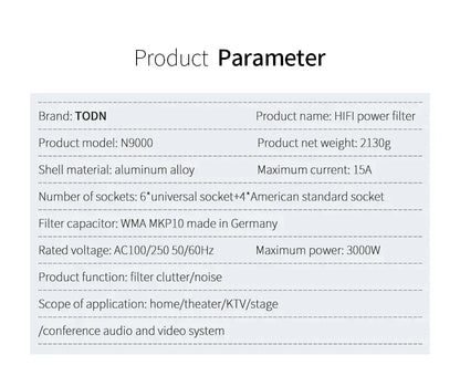 TODN Audio Noise AC Power Filter Power Conditioner Power Purifier Surge Protection with EU Outlets Power Strip