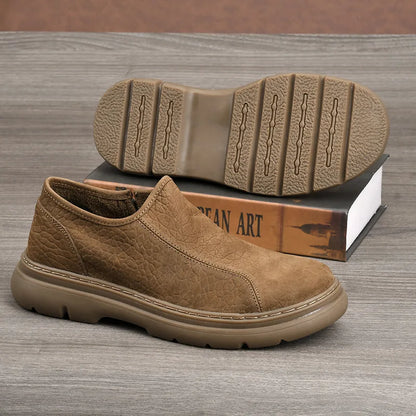 Men's Genuine Cow Leather Slip-On Toe Casual Shoes Breathable Cotton Fabric Rubber Outsole Walking Style Comfortable Lightweight