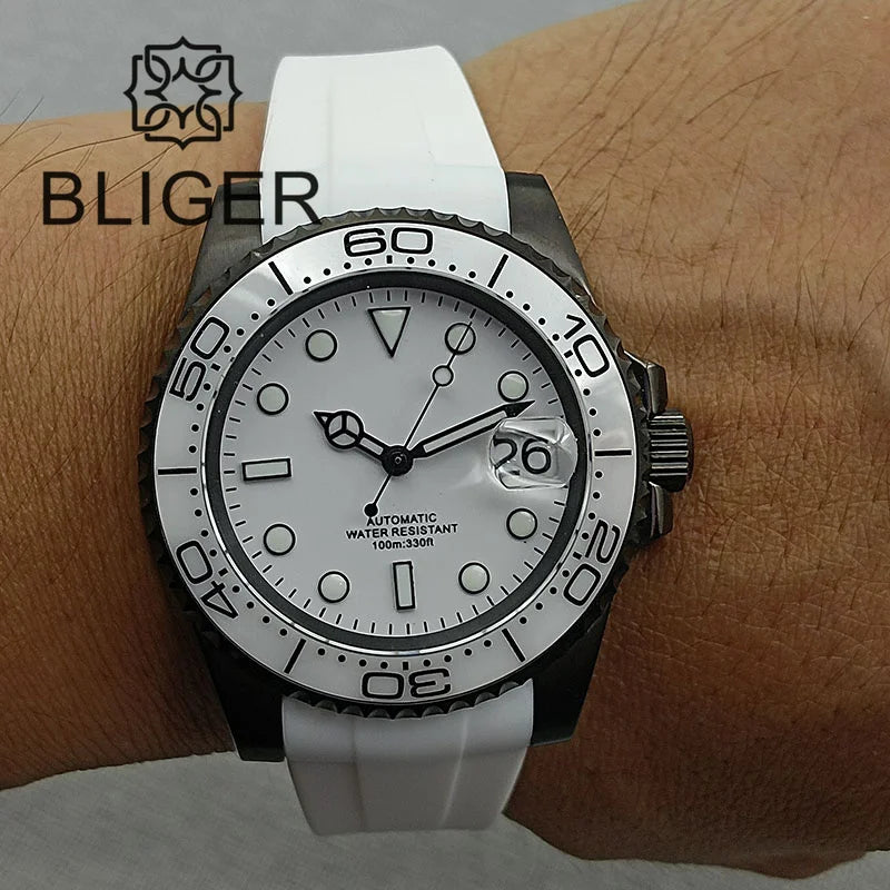 BLIGER 40mm NH35A Automatic Watch for Men White Ceramic Bezel Black  Case Green Luminous Date Magnified Rubber Strap