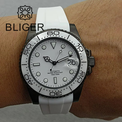 BLIGER 40mm NH35A Automatic Watch for Men White Ceramic Bezel Black  Case Green Luminous Date Magnified Rubber Strap