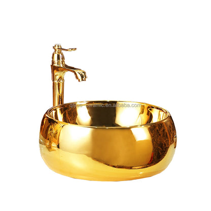 High Quality Golden Plating Round Countertop Sink Ceramic Bathroom Gold Color Wash Basin
