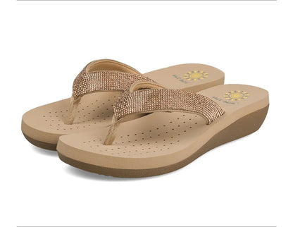 Best Selling Womens Slides Quality Rhinestone Slope Heel Flip-flops Non-slip Elastic Insoles Korean Fashion Summer Sandals