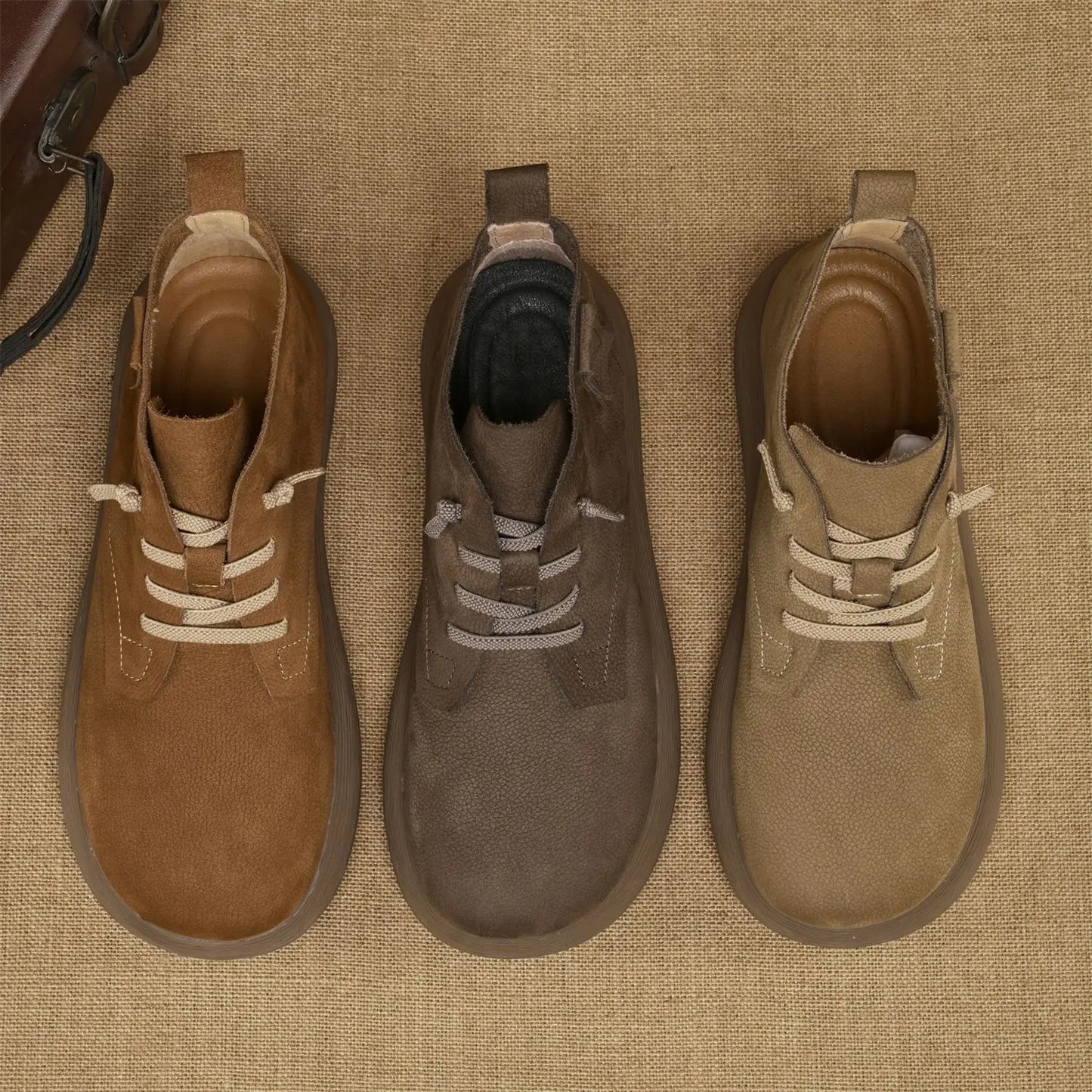 Men's Genuine Cow Leather Lace-up Round Toe Solid Walking Shoes Lightweight Outdoor Casual Style Rubber Outsole
