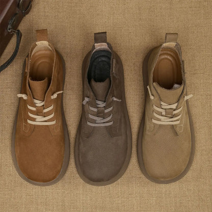 Men's Genuine Cow Leather Lace-up Round Toe Solid Walking Shoes Lightweight Outdoor Casual Style Rubber Outsole