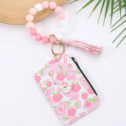 2025 New Fruit  Pattern Leather  Bracelet Fringe Key Chin Card Bag Document Wrist Portable Keychain  Zipper Card Holder Wallet