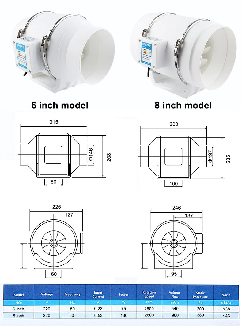 4/5/6/8 Inch Remote Control Exhaust Fan Silent Inline Pipe Duct Fan Extractor Air Ventilation Blower Kitchen Toilet Wall Booster