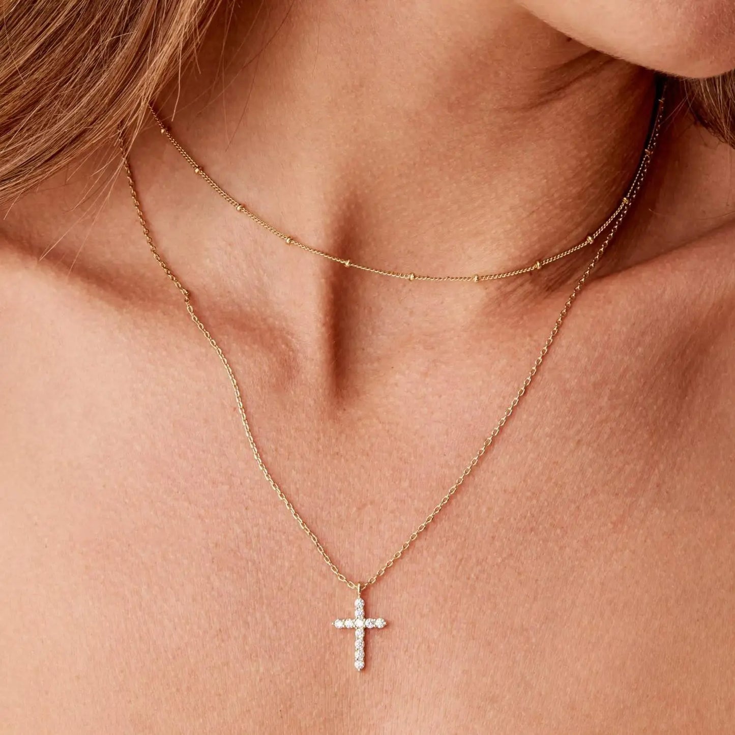 Luxury Hypoallergenic 18K Gold Plated Stainless Steel Double-Layer Micro Inlaid Zircon Cross Necklace with Adjustable Chain