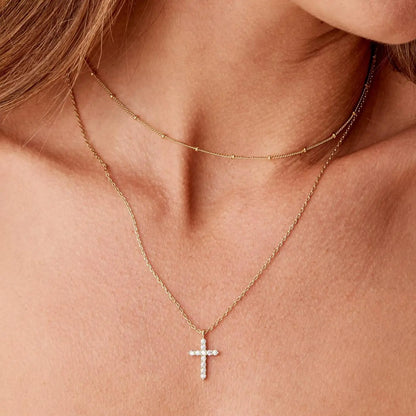 Luxury Hypoallergenic 18K Gold Plated Stainless Steel Double-Layer Micro Inlaid Zircon Cross Necklace with Adjustable Chain