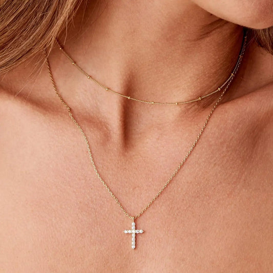 Luxury Hypoallergenic 18K Gold Plated Stainless Steel Double-Layer Micro Inlaid Zircon Cross Necklace with Adjustable Chain