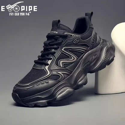 Empire Chunky Shoes Men Retro Solid Color Toe Lace-Up Mesh Lining Rubber Outsole Height Increasing Casual Sneakers Embossed Shoe
