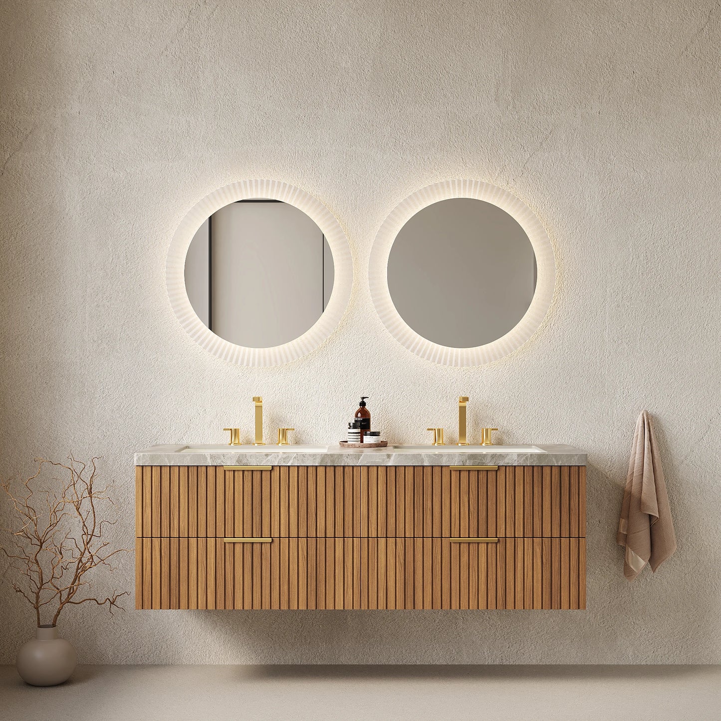 60 Inch Brown Oak Floating Bathroom Vanity 4 Drawers Sintered Stone Top Double Sinks Pre Assembled US Local Stock Homein