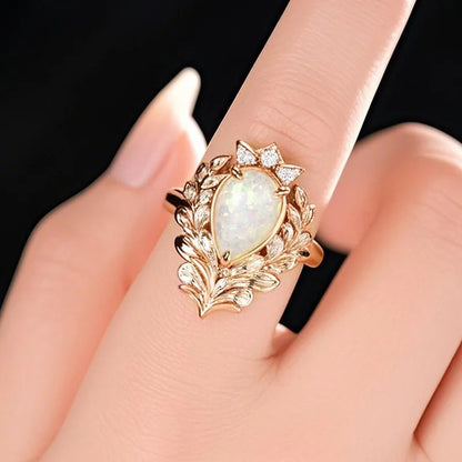Elegant Opal Cocktail Ring For Women Natural Pear Stone Prong Setting Plant Pattern Wedding Fashion Jewelry A013