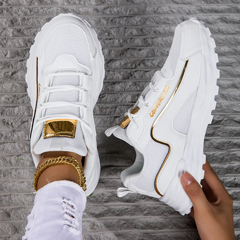 Rubber Outsole Lace up Womens Breathable Walking Style Sports Gym Jogging Tennis Fitness White Shoes Sneakers for Women