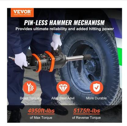VEVOR 1 Inch Air Impact Wrench, up to 5175 Ft-lbs Beast Reverse Torque Output Pneumatic Impact Gun W/ 8 Inch Extended Anvil