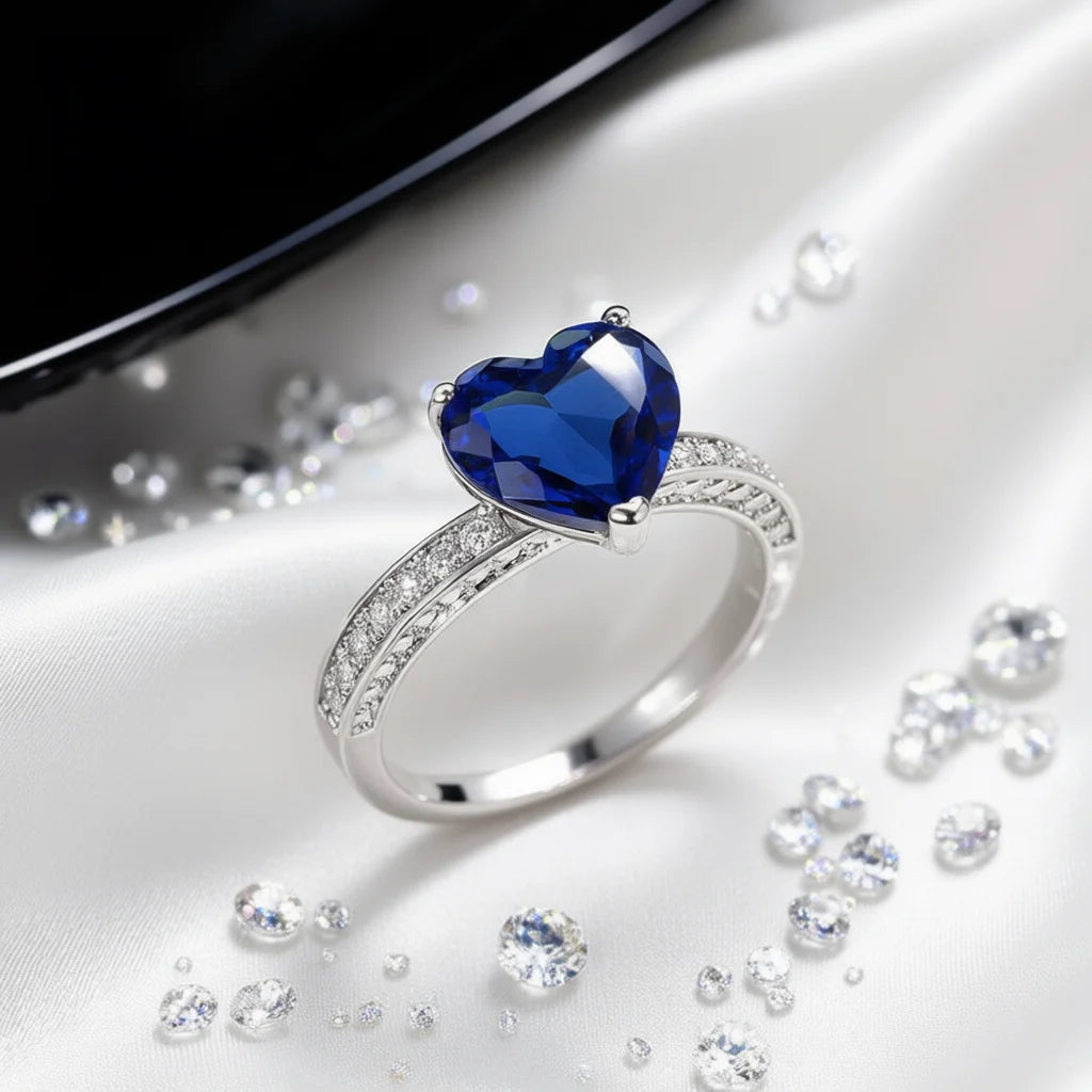 Heart Cut Sapphire Engagement Ring For Women, 925 Silver Gemstone Ring With Pave Setting, Romantic Style Q186 Blue