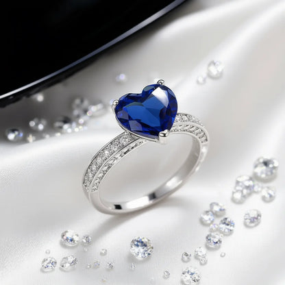 Heart Cut Sapphire Engagement Ring For Women, 925 Silver Gemstone Ring With Pave Setting, Romantic Style Q186 Blue