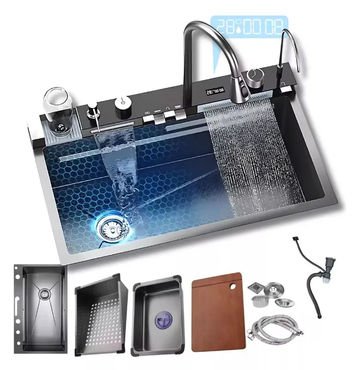 304 Kitchen Sink Multifunction LED Digital Display With Pull-Out Faucet Stainless Steel Anti-Scratch Kitchen Sinks