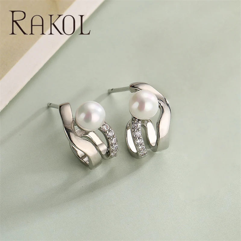 Rakol EP5587 Pretty Daily Pearl Earrings Metallic 18k Gold Plated Small Cute Stud Earrings for Girls