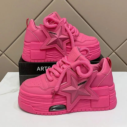 Leather Pink Chunky Sneakers Platform Lace-up Casual Shoes Women's Outdoor Walking Shoes