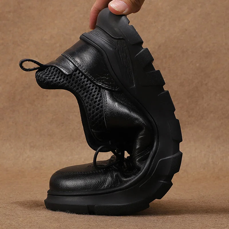 Men Leather Lace-up Casual Shoes Round Toe Breathable Mesh Lining Rubber Outsole EVA Midsole Autumn Fashion Comfortable Walking