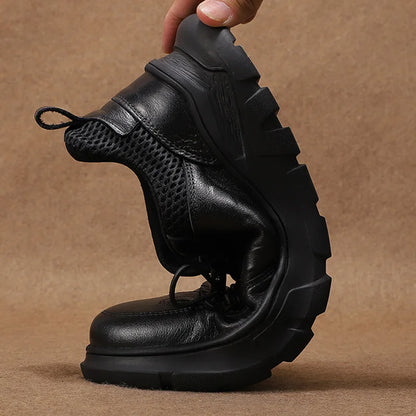 Men Leather Lace-up Casual Shoes Round Toe Breathable Mesh Lining Rubber Outsole EVA Midsole Autumn Fashion Comfortable Walking