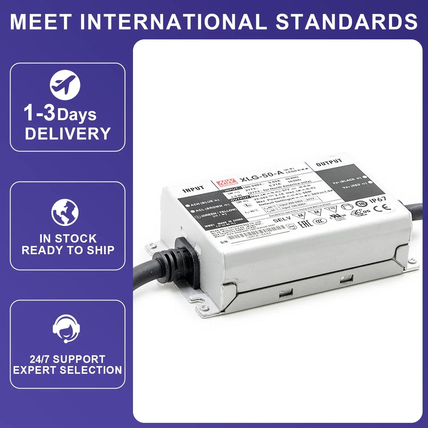 Mean Well XLG-50-A 50W IP67 Waterproof Power Supply Constant Power LED Driver for Outdoor Lighting and Signage