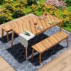 3-Piece Modern Oak Wood Dining Set with 2 Benches Portable Outdoor & Indoor Furniture for 6
