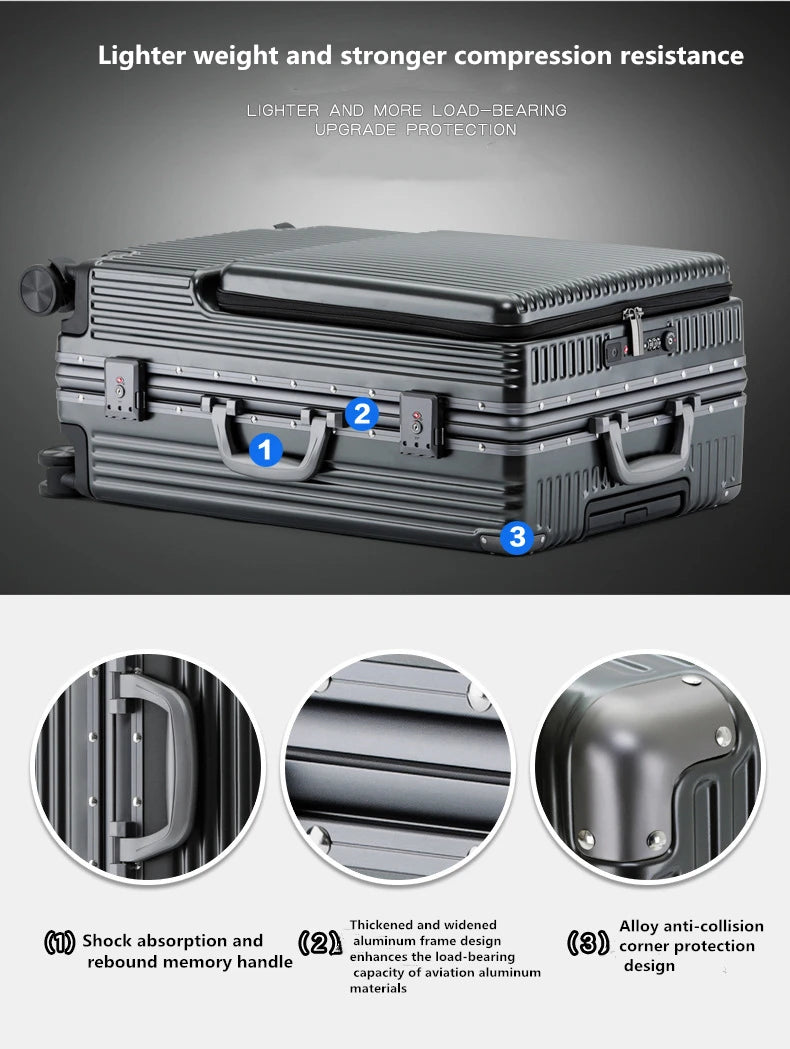 Carry on Luggage Wide Handle Luxury Design Rolling Travel Suitcase PC Hardside With Aluminum Frame Hollow Spinner Wheels