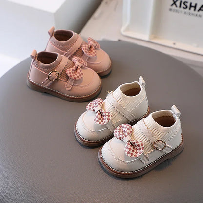 New Cute Girl Lattice Bowknot Baby Princess Shoes Casual Anti slip Outdoor Preschool Children's Soft Sole First Walking Shoe