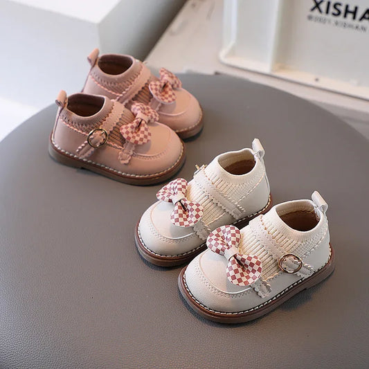 New Cute Girl Lattice Bowknot Baby Princess Shoes Casual Anti slip Outdoor Preschool Children's Soft Sole First Walking Shoe