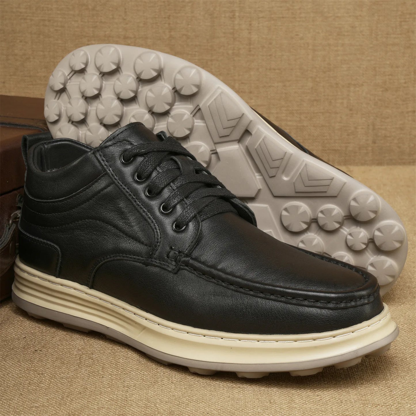 Men Genuine Leather Snow Boots Round Toe Fur Lining Rubber Outsole Winter Warm Lightweight EVA Midsole Ankle Bootie