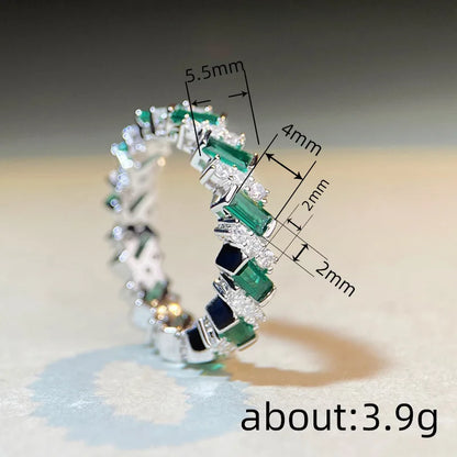 T0202 Emerald Silver Ring Geometric Design Engagement Unisex Jewelry