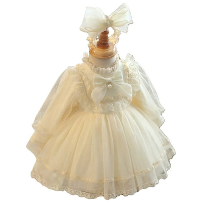 Girls Sweet and Lovely Ball Gown Princess Dress with Long Sleeves and Gauze Skirt Formal Style Baby Outfit Including Headbands