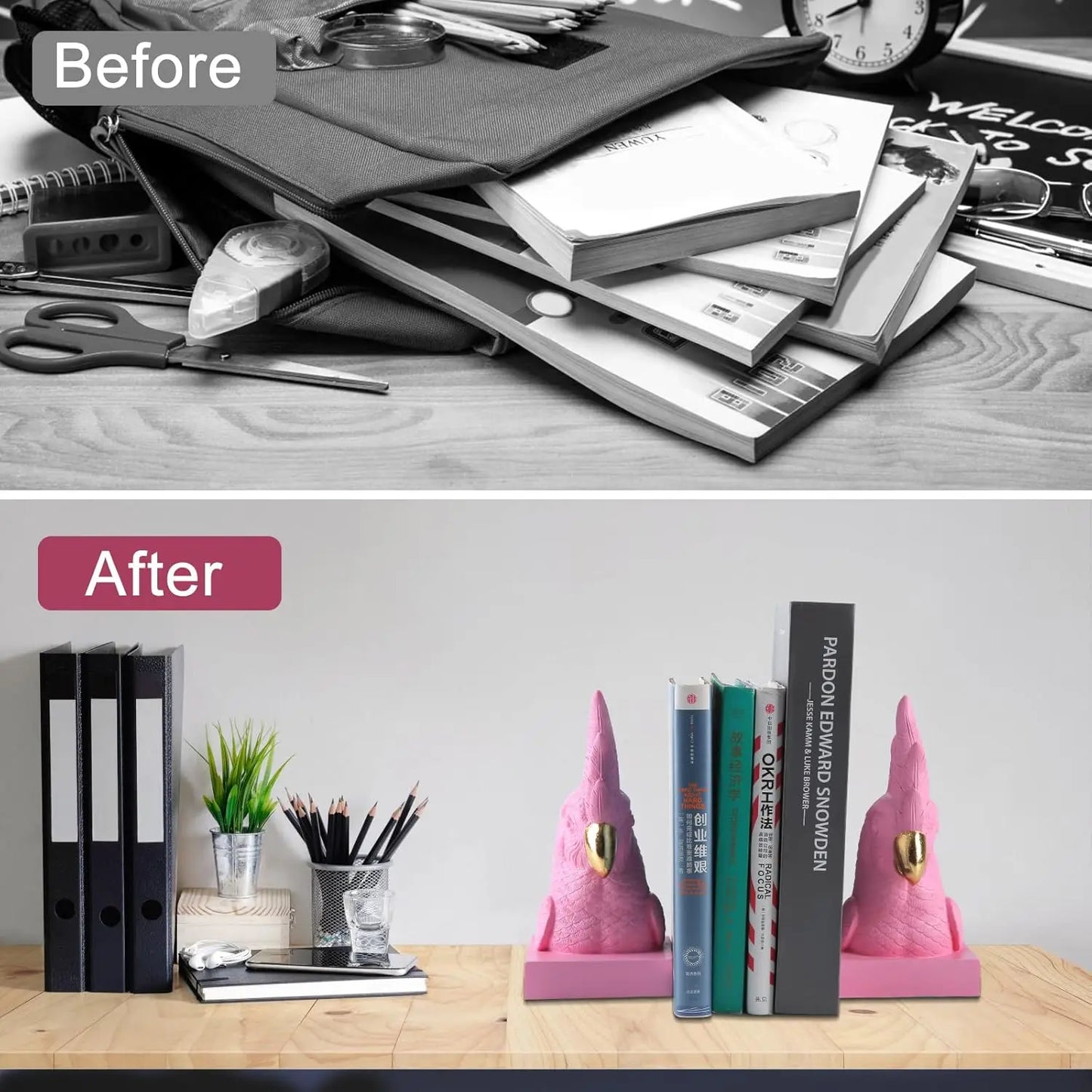 Pink Parrot Decorative Bookends Set of 2 Cute Bird Animal Sculpture Book Ends Resin Statues Book Stopper for Home Decor