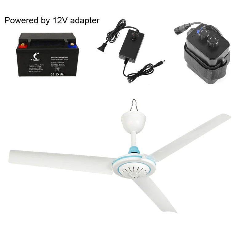 12V Mute Ceiling Fan 19.6inch Silent Camping Tent Hanging Fan without Switch 230cm Cable for Outdoor Hiking Bed Home Picnic