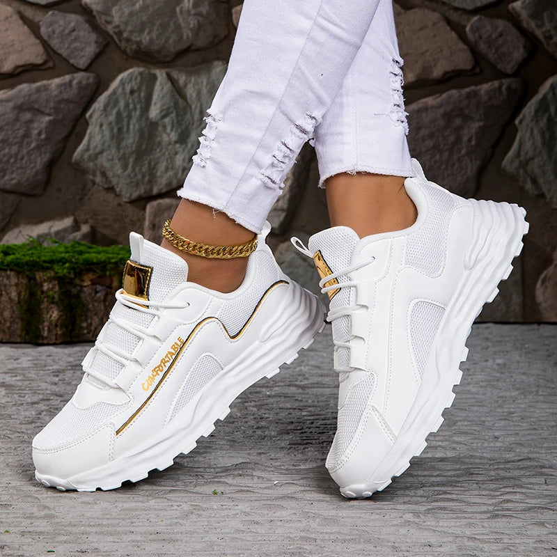 Rubber Outsole Lace up Womens Breathable Walking Style Sports Gym Jogging Tennis Fitness White Shoes Sneakers for Women