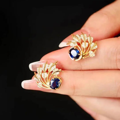 E4723 Golden Stud Earrings With Sapphire And Diamond Plant Design For Women Party Jewelry Classic Style