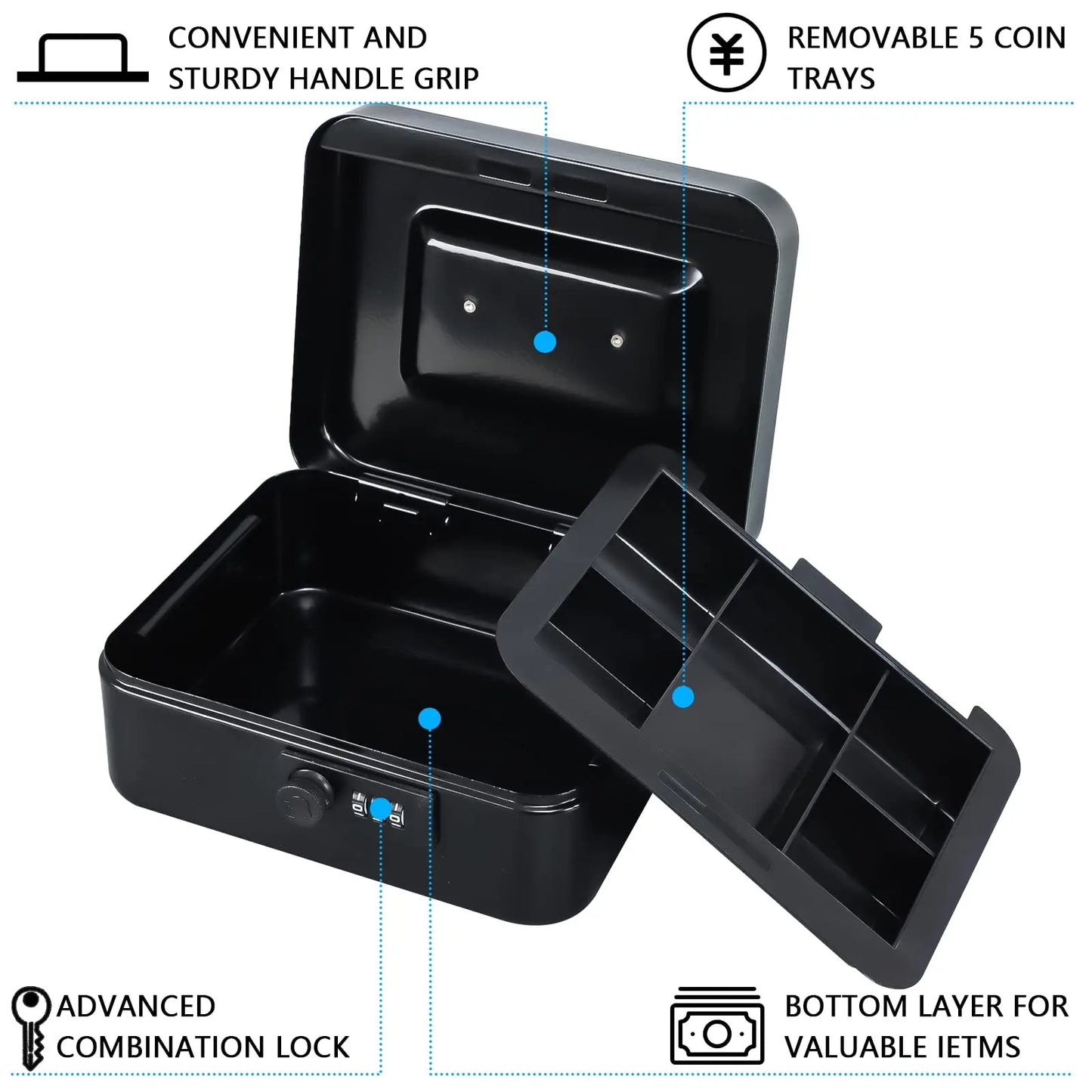 AJF Black Cold Rolled Steel Cash Safe Box Combination Lock Secure 7.87"x6.30"x3.54" Money Tray for Indoor/Outdoor Use Model