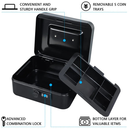AJF Black Cold Rolled Steel Cash Safe Box Combination Lock Secure 7.87"x6.30"x3.54" Money Tray for Indoor/Outdoor Use Model