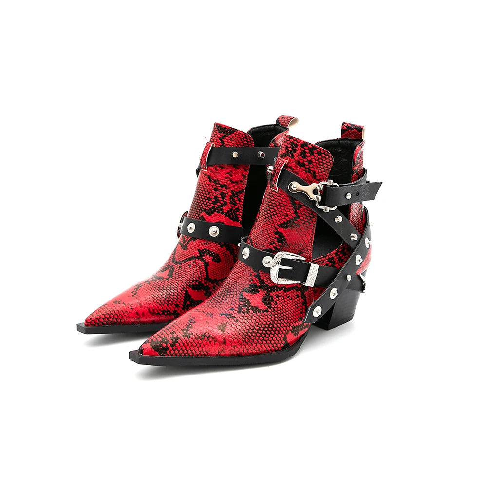 Motorcycle Western Cowboy Boots Women Snake PU Leather Short Cossacks High Heels Pointed Cowgirl Booties Buckle Womens Shoes